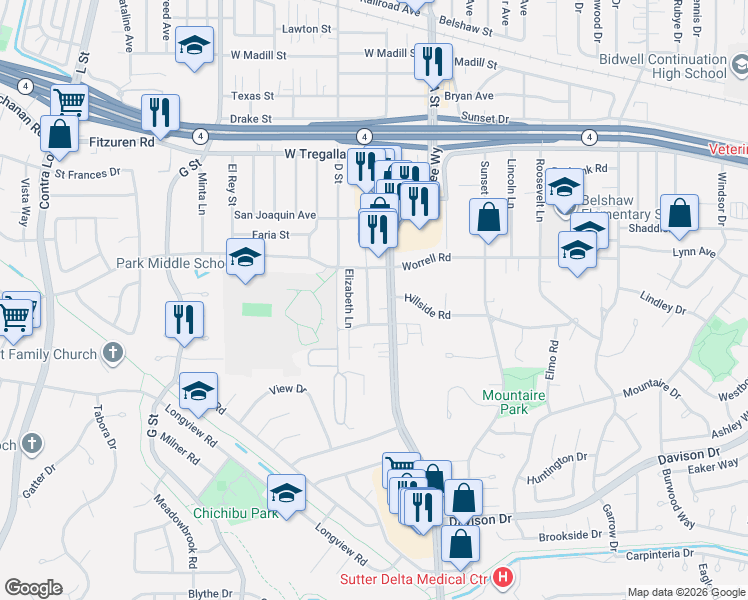 map of restaurants, bars, coffee shops, grocery stores, and more near 3012 Plumleigh Avenue in Antioch