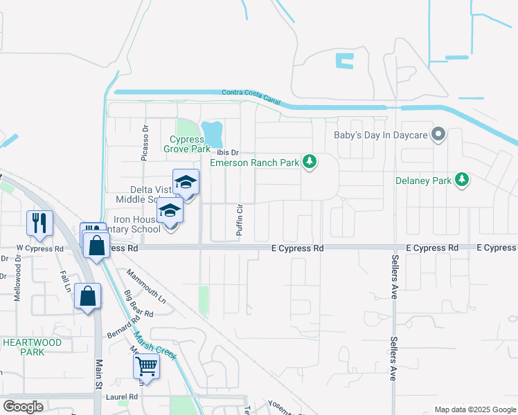 map of restaurants, bars, coffee shops, grocery stores, and more near 500 Brinwood Way in Oakley