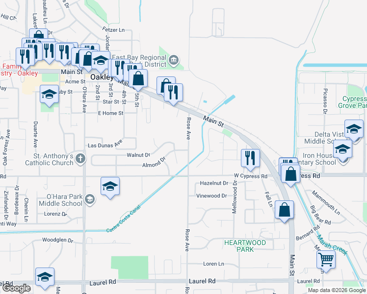 map of restaurants, bars, coffee shops, grocery stores, and more near 620 Almond Drive in Oakley