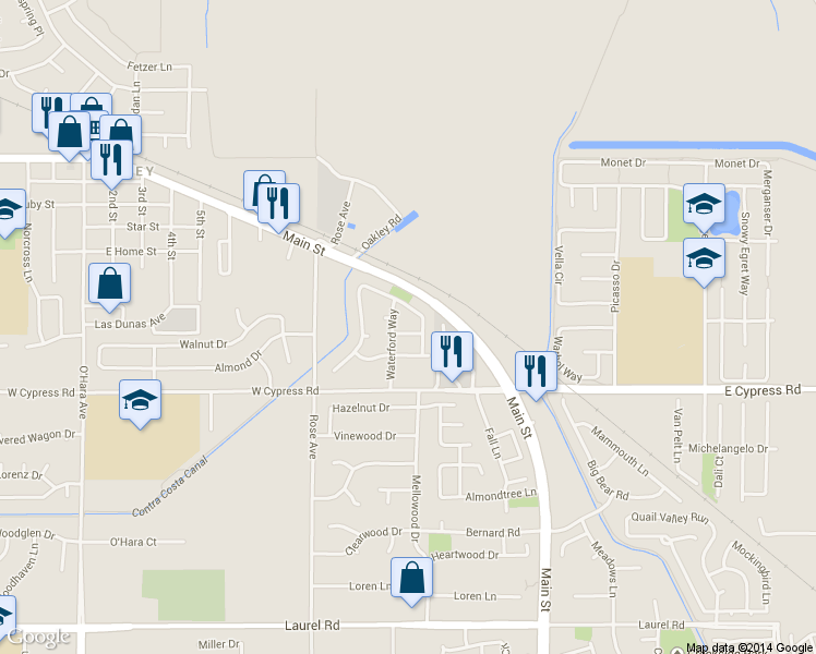 map of restaurants, bars, coffee shops, grocery stores, and more near 314 Brookview Drive in Oakley
