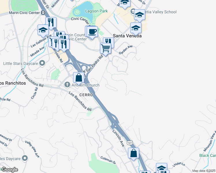 map of restaurants, bars, coffee shops, grocery stores, and more near 22 Laurel Glen Terrace in San Rafael