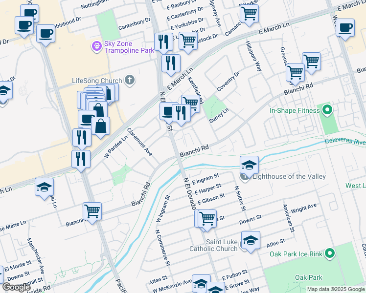 map of restaurants, bars, coffee shops, grocery stores, and more near 22-86 East Bianchi Road in Stockton