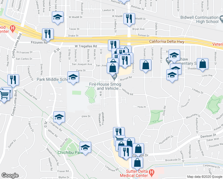 map of restaurants, bars, coffee shops, grocery stores, and more near 3012 Plumleigh Avenue in Antioch