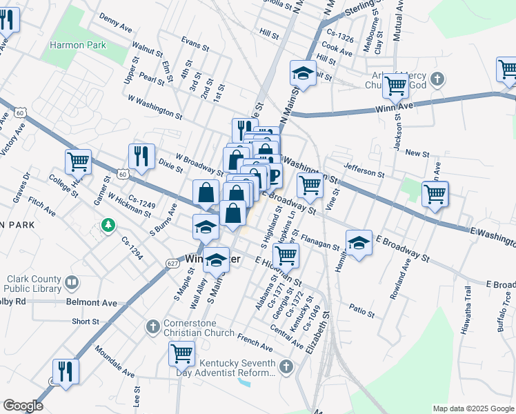 map of restaurants, bars, coffee shops, grocery stores, and more near 57 South Main Street in Winchester