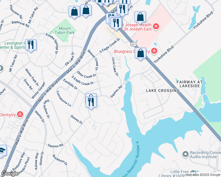 map of restaurants, bars, coffee shops, grocery stores, and more near 333 Squires Road in Lexington