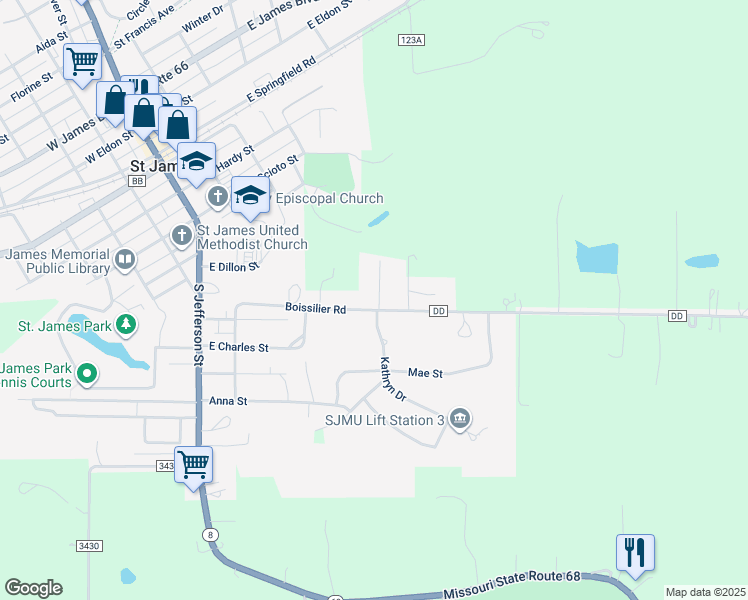 map of restaurants, bars, coffee shops, grocery stores, and more near 318 State Route DD in Saint James