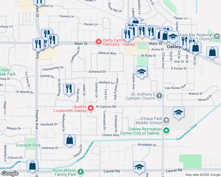 map of restaurants, bars, coffee shops, grocery stores, and more near 442 Cornish Court in Oakley