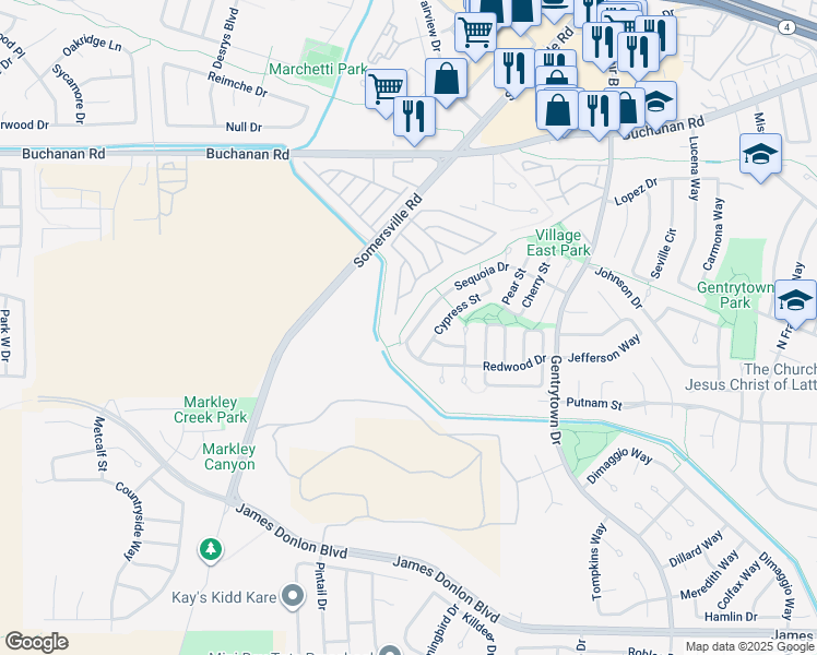 map of restaurants, bars, coffee shops, grocery stores, and more near 2448 Sequoia Drive in Antioch