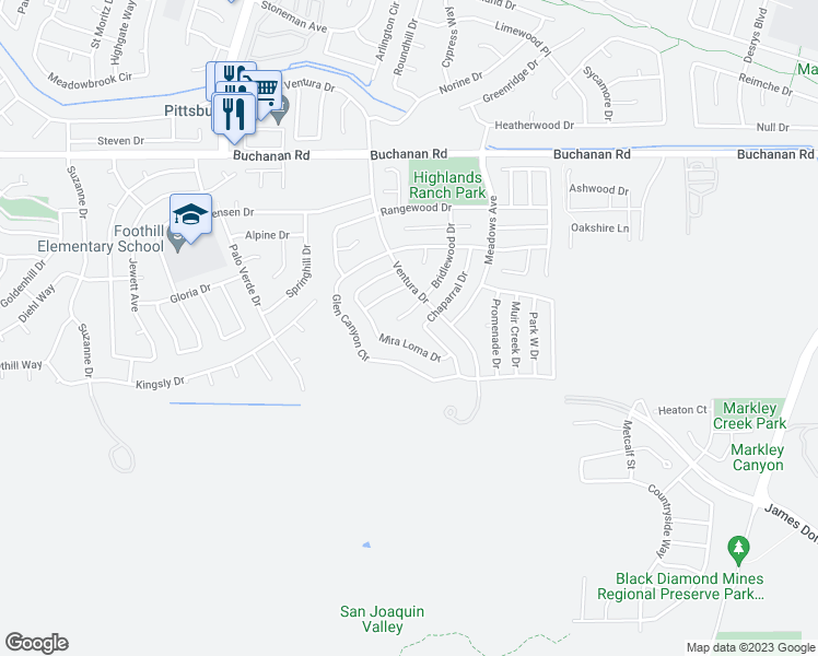 map of restaurants, bars, coffee shops, grocery stores, and more near 1828 Chaparral Drive in Pittsburg