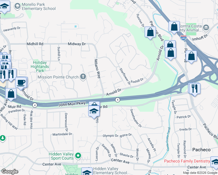 map of restaurants, bars, coffee shops, grocery stores, and more near 2010 Fries Court in Martinez