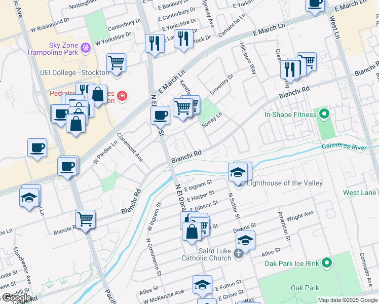 map of restaurants, bars, coffee shops, grocery stores, and more near 4550 Shelley Court in Stockton