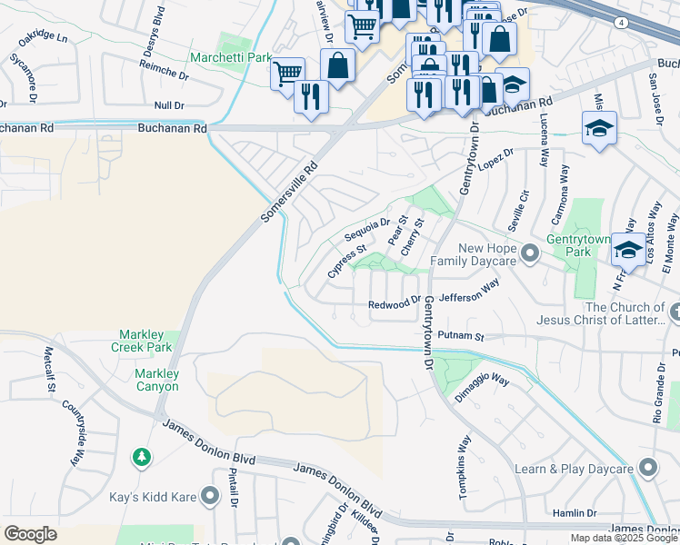 map of restaurants, bars, coffee shops, grocery stores, and more near 2417 Cypress Street in Antioch