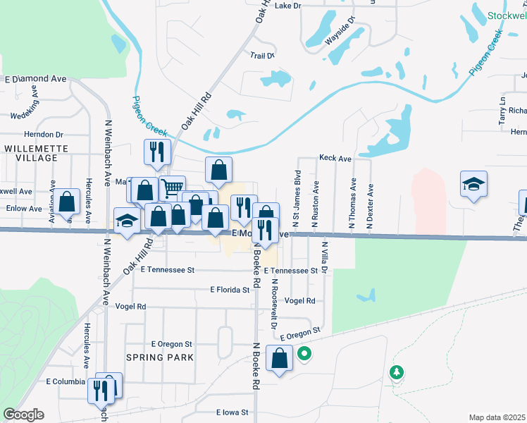 map of restaurants, bars, coffee shops, grocery stores, and more near 1701 North Boeke Road in Evansville