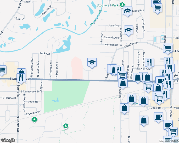 map of restaurants, bars, coffee shops, grocery stores, and more near 3514 East Morgan Avenue in Evansville