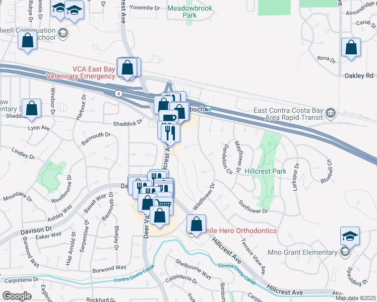 map of restaurants, bars, coffee shops, grocery stores, and more near 2705 Lotus Court in Antioch
