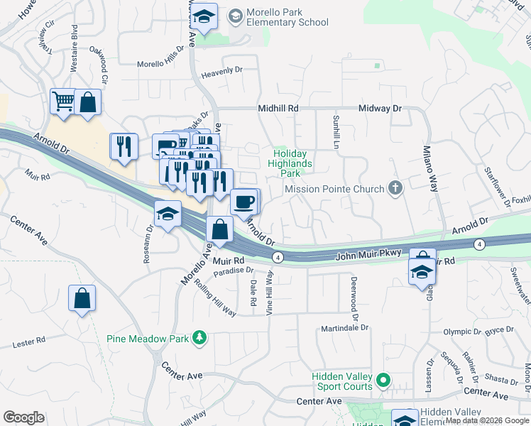 map of restaurants, bars, coffee shops, grocery stores, and more near 438 Eastgate Lane in Martinez
