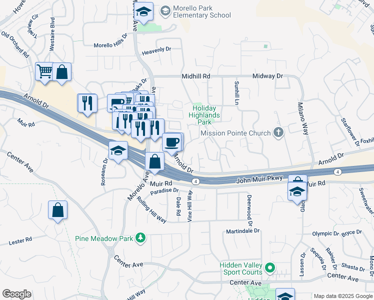 map of restaurants, bars, coffee shops, grocery stores, and more near 417 Eastgate Lane in Martinez