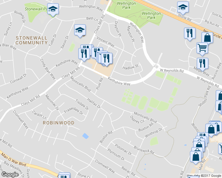 map of restaurants, bars, coffee shops, grocery stores, and more near 3280 Keithshire Way in Lexington