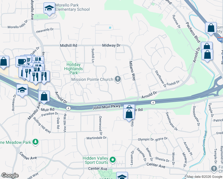 map of restaurants, bars, coffee shops, grocery stores, and more near 156 Holiday Hills Drive in Martinez
