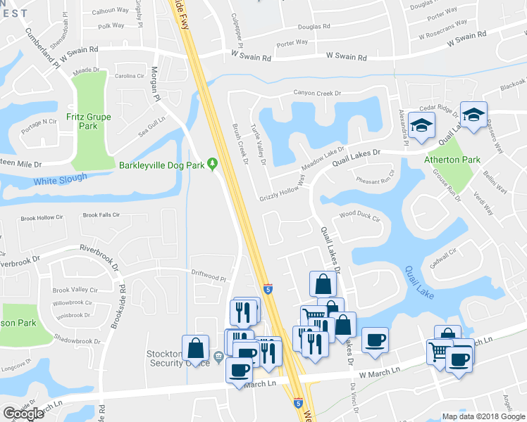 map of restaurants, bars, coffee shops, grocery stores, and more near 3591 Quail Lakes Drive in Stockton