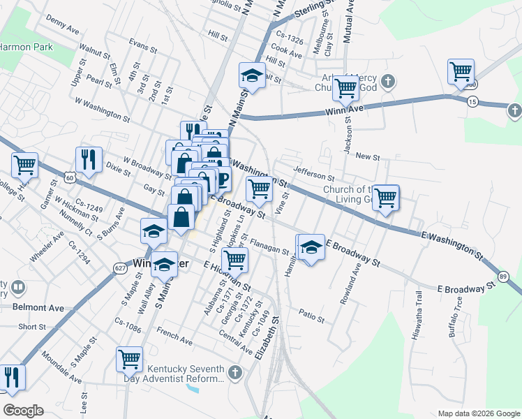 map of restaurants, bars, coffee shops, grocery stores, and more near 19 Buckner Street in Winchester