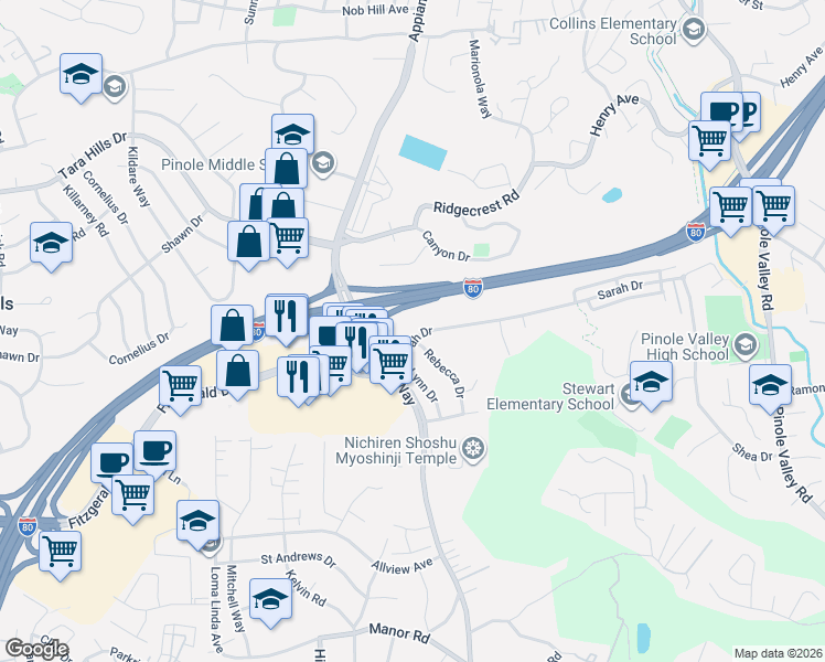 map of restaurants, bars, coffee shops, grocery stores, and more near 1669 Sarah Drive in Pinole