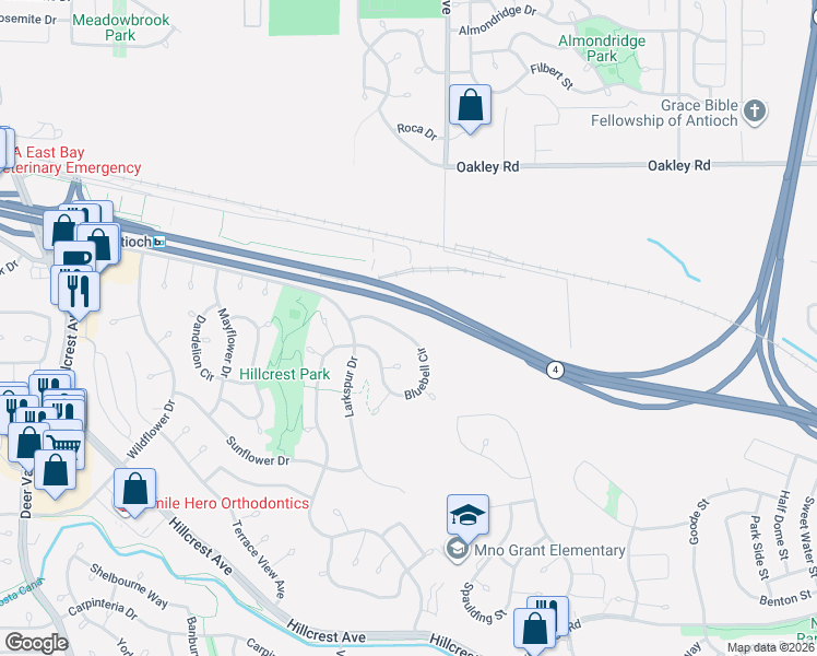 map of restaurants, bars, coffee shops, grocery stores, and more near 2805 Bluebell Circle in Antioch