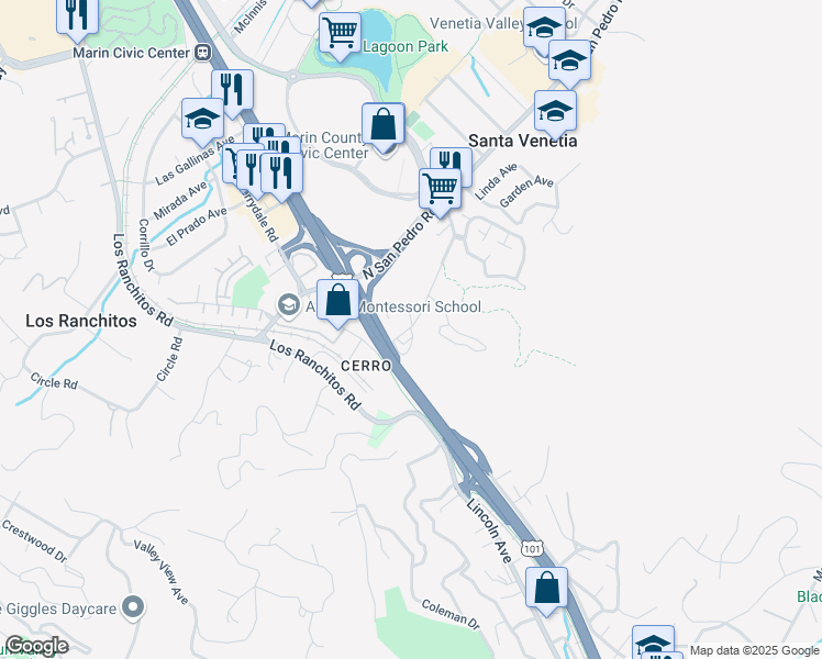 map of restaurants, bars, coffee shops, grocery stores, and more near 10 San Pablo Avenue in San Rafael