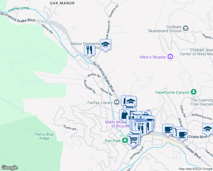 map of restaurants, bars, coffee shops, grocery stores, and more near 10 Olema Road in Fairfax
