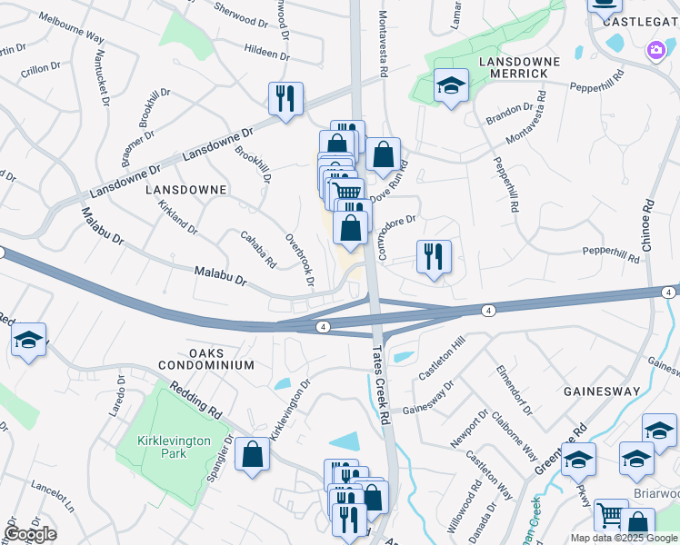 map of restaurants, bars, coffee shops, grocery stores, and more near 866 Malabu Drive in Lexington
