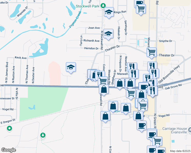 map of restaurants, bars, coffee shops, grocery stores, and more near 3820 East Morgan Avenue in Evansville