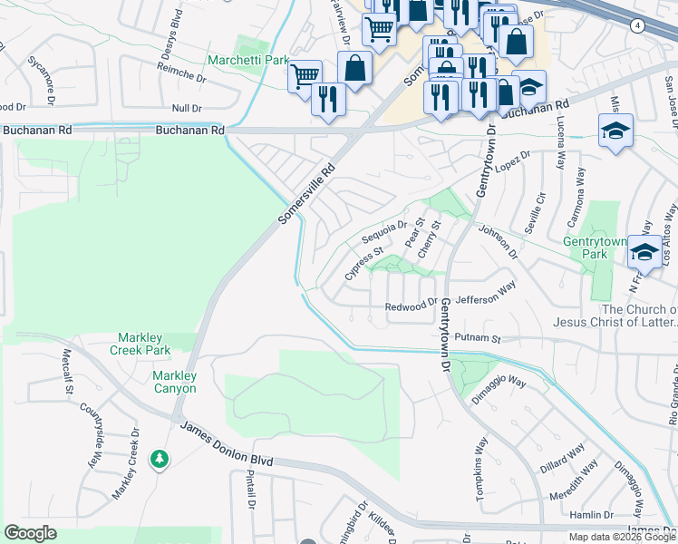 map of restaurants, bars, coffee shops, grocery stores, and more near 2445 Cypress Street in Antioch