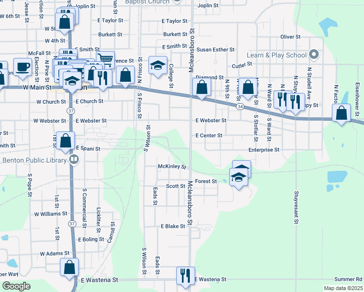 map of restaurants, bars, coffee shops, grocery stores, and more near 700-772 Locust St in Benton
