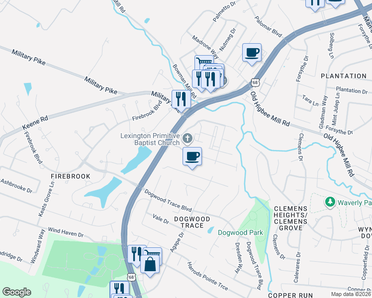 map of restaurants, bars, coffee shops, grocery stores, and more near 2460 English Station Drive in Lexington