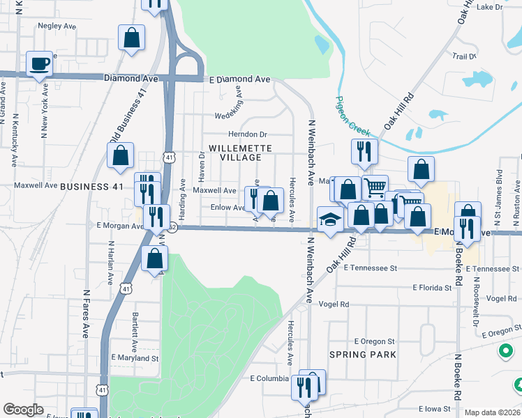 map of restaurants, bars, coffee shops, grocery stores, and more near 1621 Aviation Avenue in Evansville