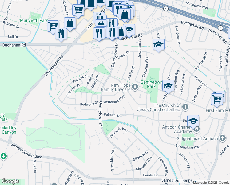 map of restaurants, bars, coffee shops, grocery stores, and more near 2120 Washington Way in Antioch