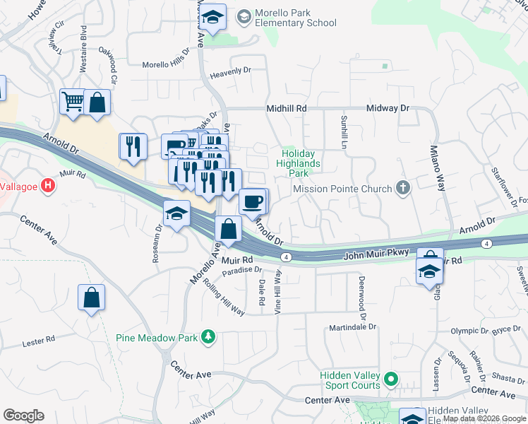 map of restaurants, bars, coffee shops, grocery stores, and more near 1455 Arnold Drive in Martinez