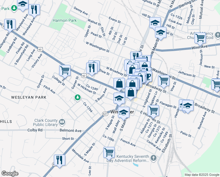 map of restaurants, bars, coffee shops, grocery stores, and more near 146 West Lexington Avenue in Winchester