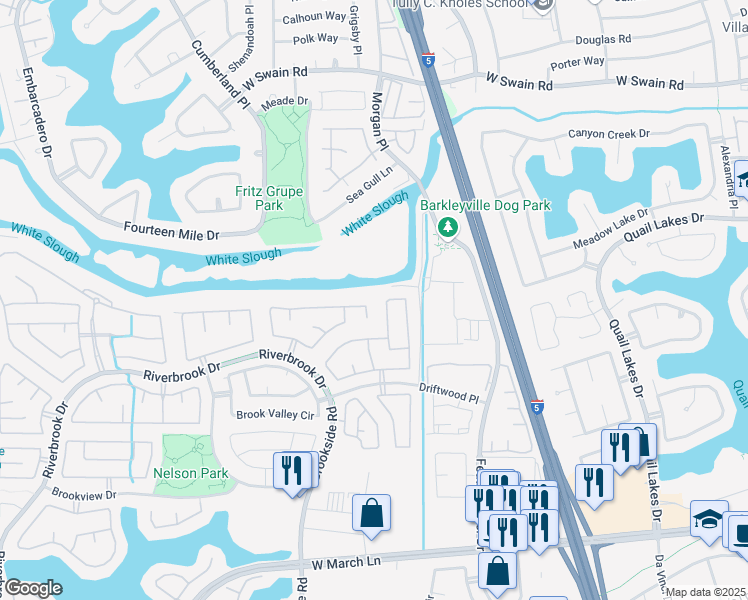 map of restaurants, bars, coffee shops, grocery stores, and more near 5538 Brook Falls Court in Stockton