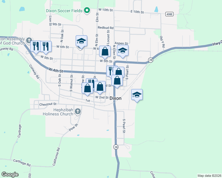 map of restaurants, bars, coffee shops, grocery stores, and more near in Dixon