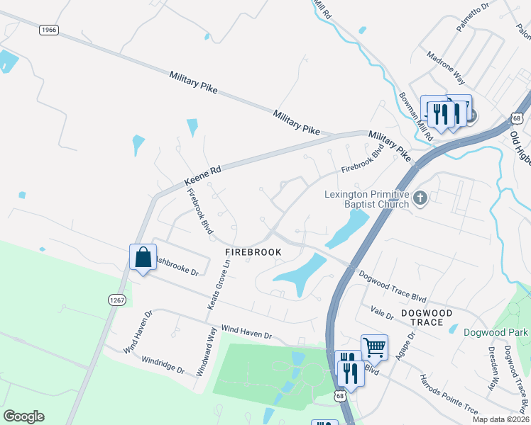 map of restaurants, bars, coffee shops, grocery stores, and more near 4796 Firebrook Boulevard in Lexington