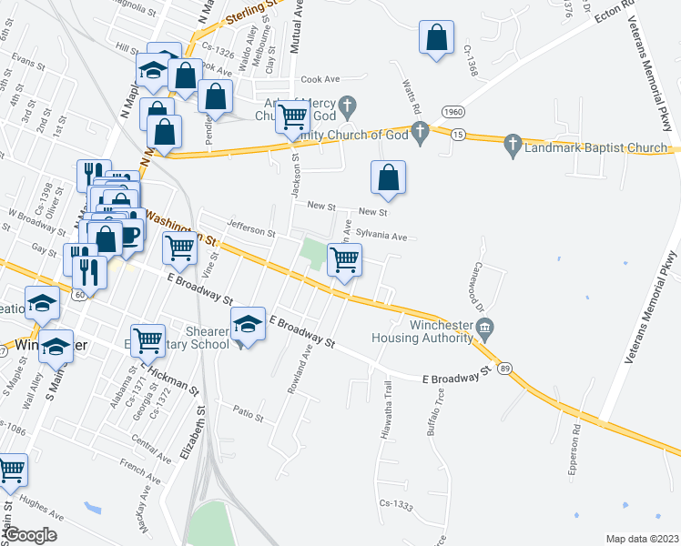 map of restaurants, bars, coffee shops, grocery stores, and more near 108 Franklin Avenue in Winchester