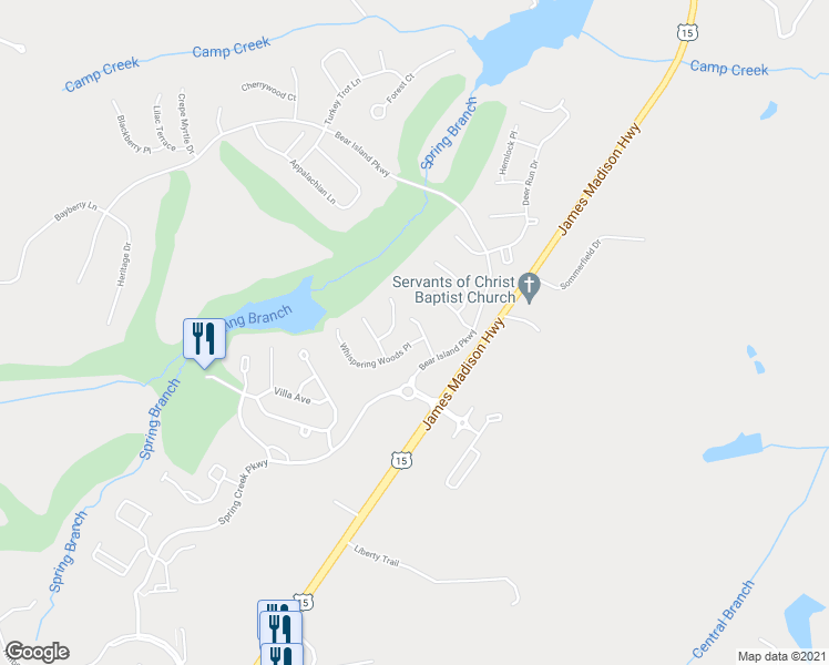 map of restaurants, bars, coffee shops, grocery stores, and more near 71 Branch Lane in Zion Crossroads