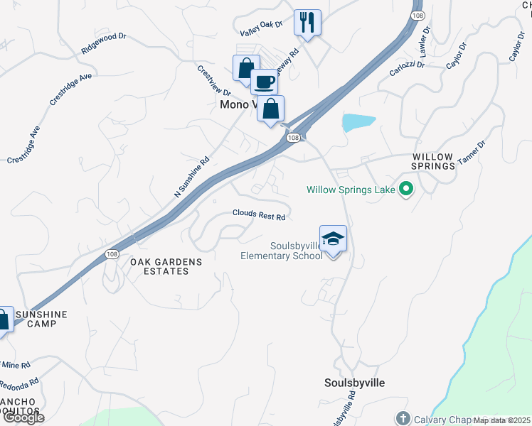map of restaurants, bars, coffee shops, grocery stores, and more near 18025 Clouds Rest Road in Soulsbyville