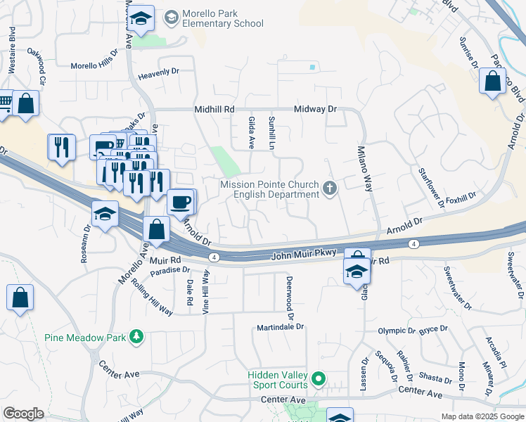 map of restaurants, bars, coffee shops, grocery stores, and more near 235 Pebblecreek Court in Martinez
