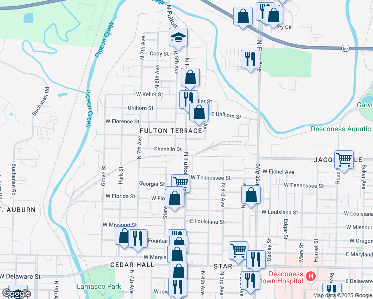 map of restaurants, bars, coffee shops, grocery stores, and more near 1599 North Fulton Avenue in Evansville