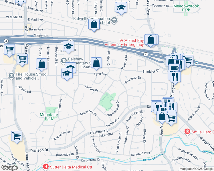 map of restaurants, bars, coffee shops, grocery stores, and more near 3005 Windsor Drive in Antioch
