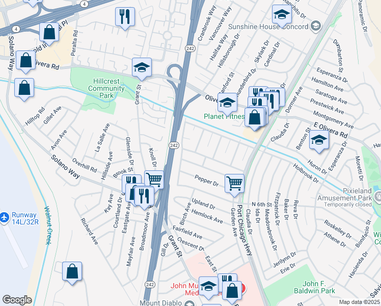 map of restaurants, bars, coffee shops, grocery stores, and more near 3018 Ponderosa Drive in Concord