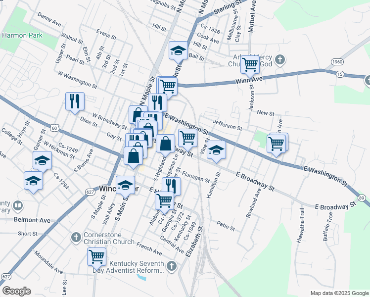 map of restaurants, bars, coffee shops, grocery stores, and more near 119 Hopkins Lane in Winchester