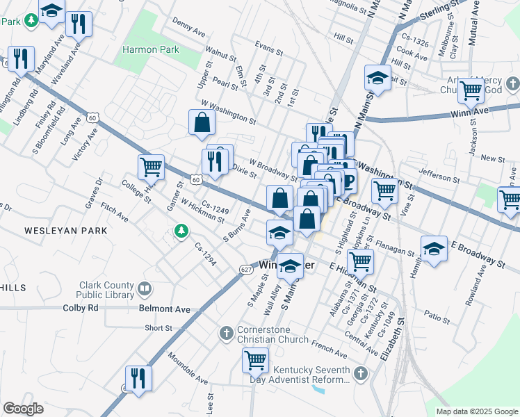 map of restaurants, bars, coffee shops, grocery stores, and more near 35 South Burns Avenue in Winchester